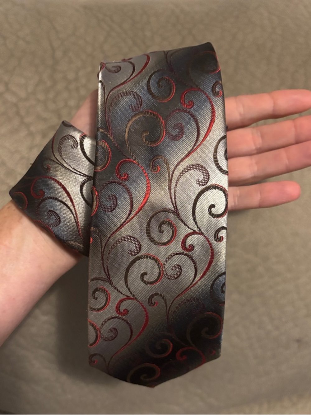 Van Heusen Gray Tie with Red and Black Scrolls